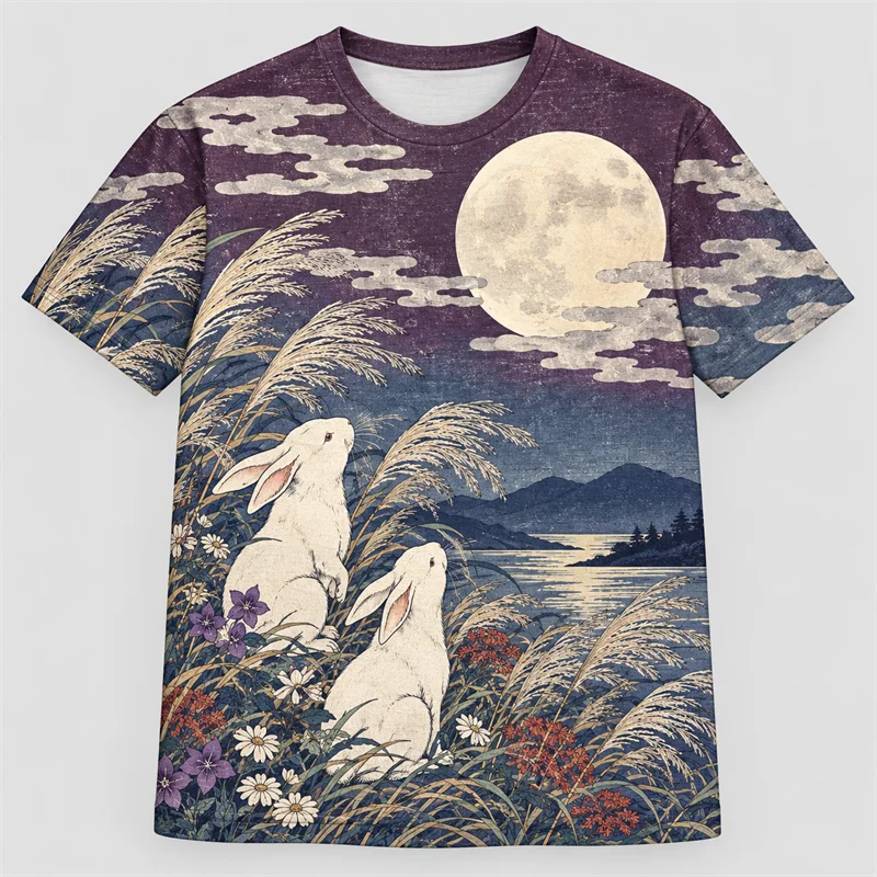 Japanese Ukiyo-e T Shirt Men Moon Crane Cherry Blossom Floral Fan Landscape Short Sleeve Vintage Art Streetwear Casual Top Tee