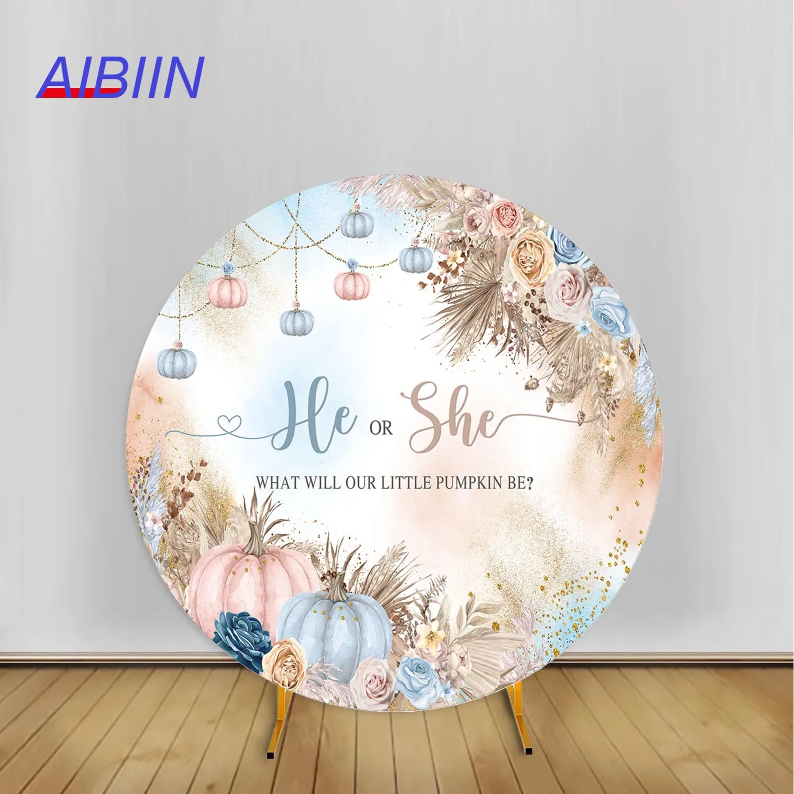 

AIBIIN Gender Reveal Round Arch Backdrop Cover Autumn Fall Pumpkin Baby Shower Party Decor Boho Flower Elastic Background