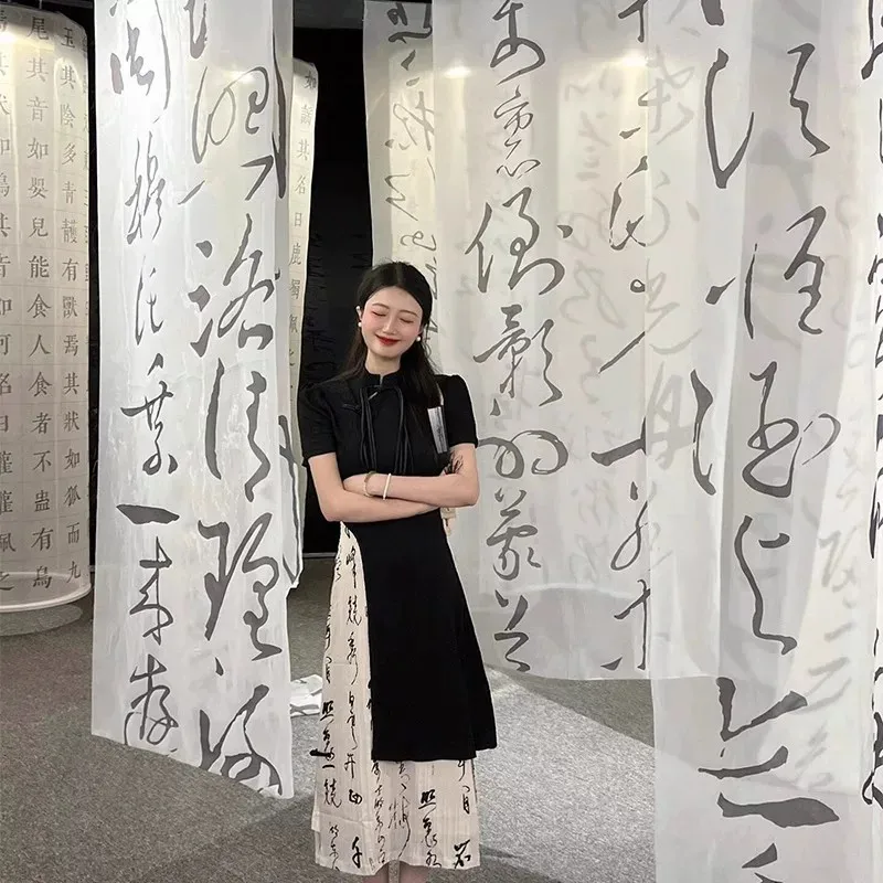Oriental Calligraphy Hanging Room Divider Semi Transparent Gauze Curtain for Art Studio Tea Room , Gallery, Izakaya & Zen Decor