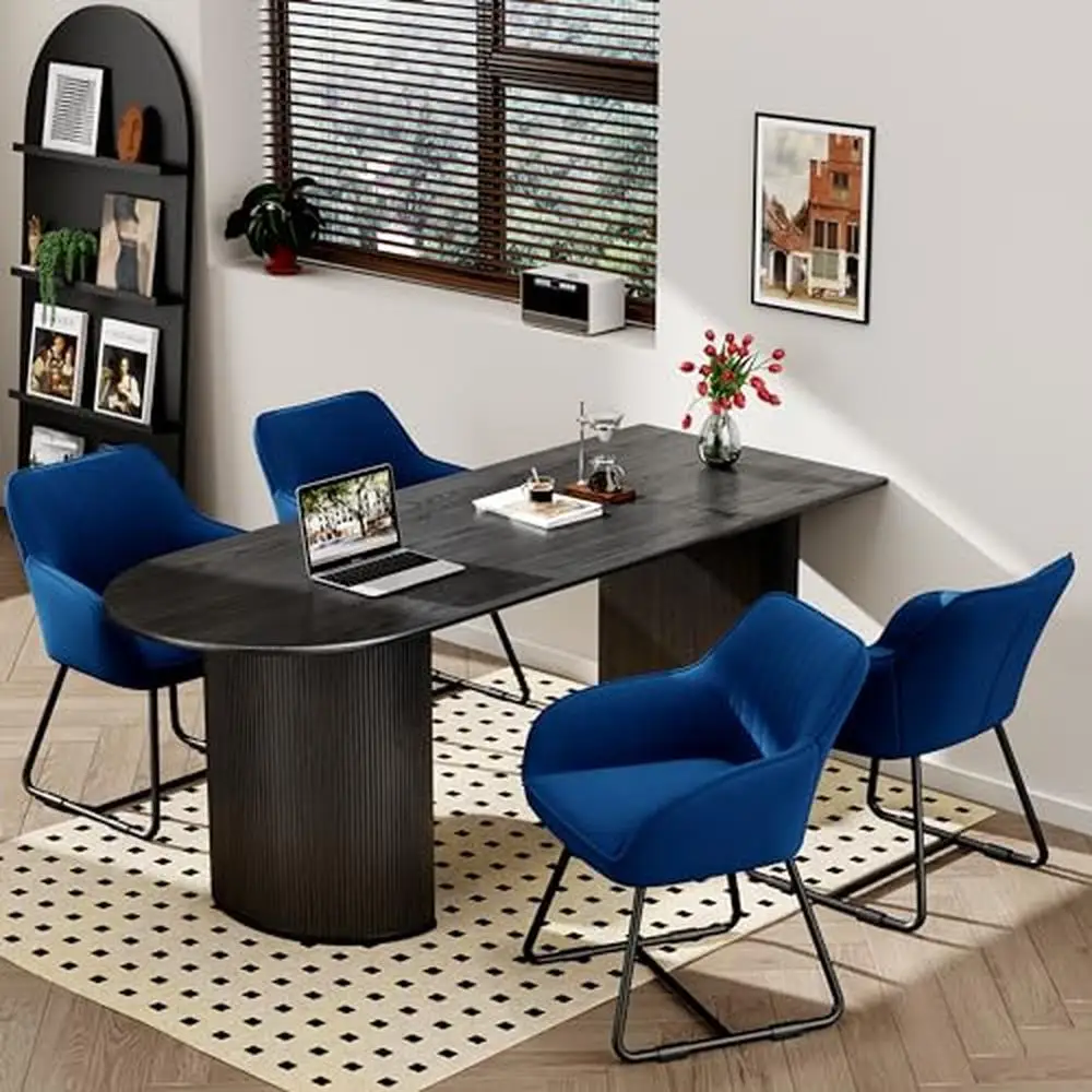 Accent Arm Chairs Set of 4 Velvet Upholstered Living Office Bistro Cafe Blue Curved Metal Frame 330lbs Relaxing Space Reception