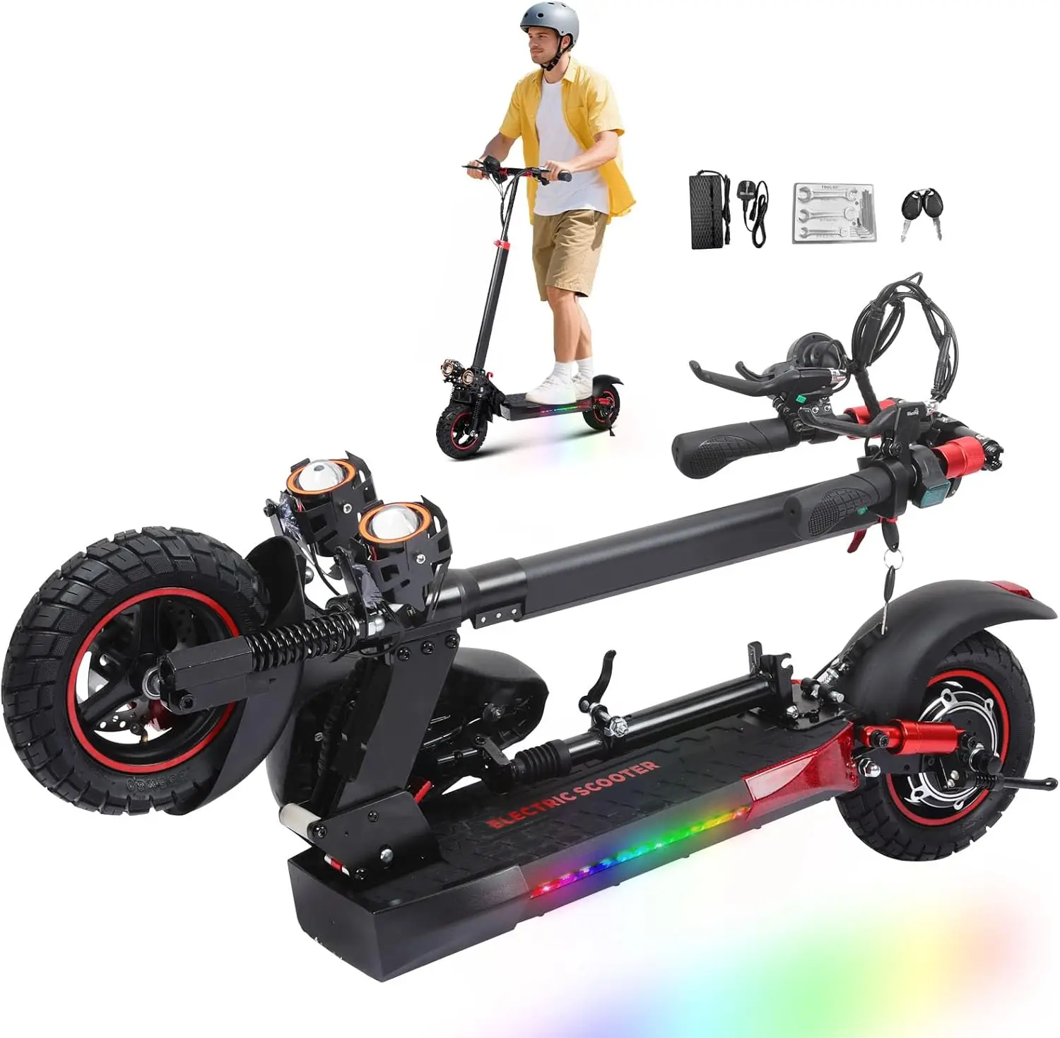 Trottinette électrique pour adultes, vitesse de 45 km/h, pneus tout-terrain de 10 pouces, batterie 48V15AH, moteur 800W, système de freinage double, trottinette pliable pour trajets quotidiens