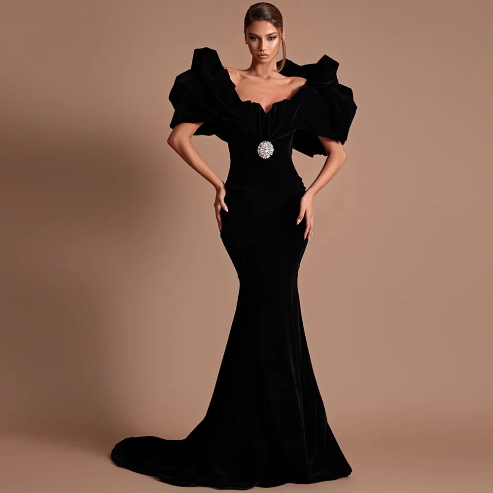 

Black Mermaid Velour Evening Dress Customized Off the Shoulder Court Train Prom Dresses Sparkly Crystal Formal Occasion Gowns