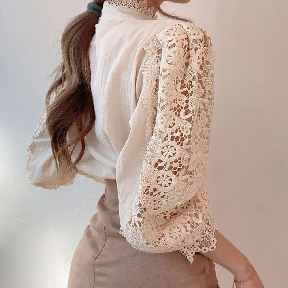 Spring Women Shirt Petal Sleeve Stand Collar Hollow Out Flower Lace Patchwork Shirt All-match Women Lace Blouse Button White Top