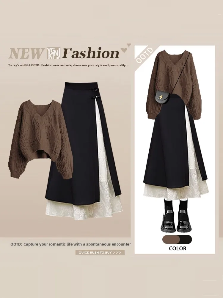 

Women's Knitted Sweater And High Waist Midi Skirt Set plus Size Conceal Flattering Winter Fashion Casual Style Two-Piece Set
