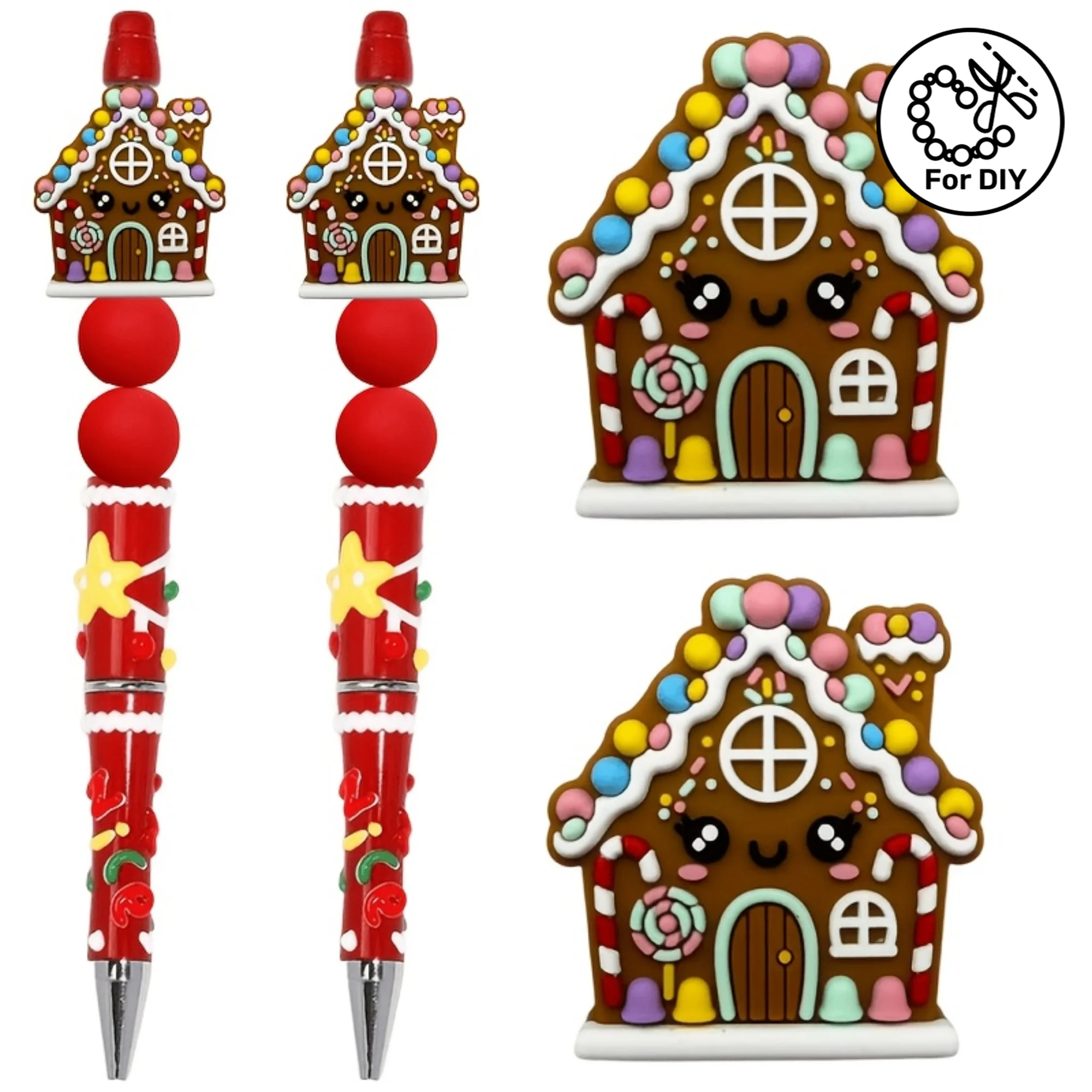 6Pcs New 3D Christmas Gingerbread House Silicone Focus Bead, Holiday Loose Bead for DIY Beaded Pen Bracelet Necklace Gift Making