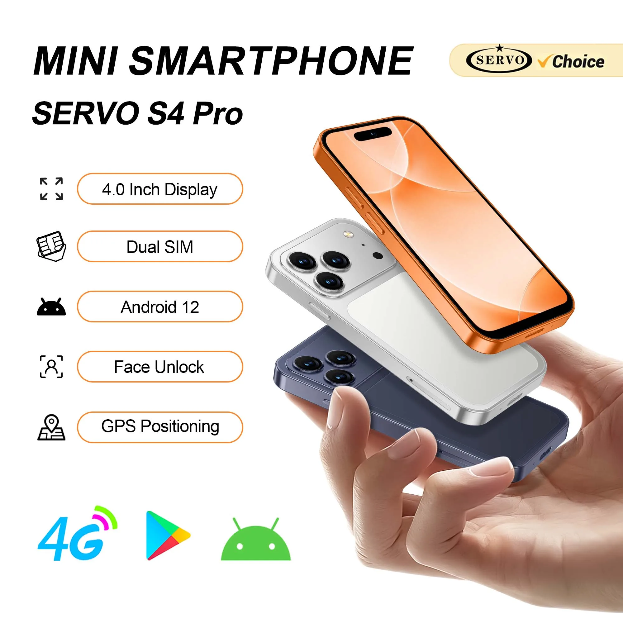 SERVO S4 PRO Mini Smartphone 4.0" Android 12 4G LTE Dual SIM 2GB+16GB Face Recognition GPS HIFI Sound Small Backup Mobile Phone