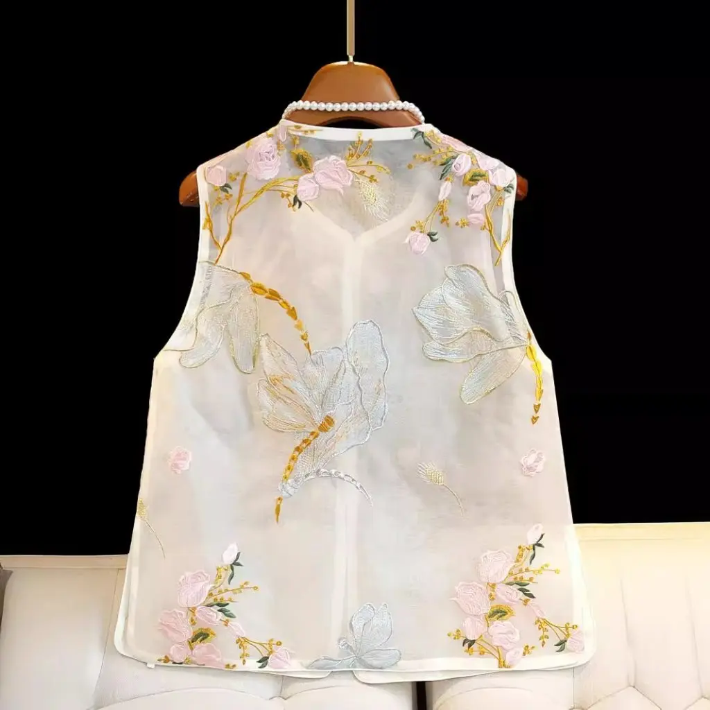 

Summer Light Vest for Women round Neck Chinese Style Organza Guofeng Embroidery Stacked Top New Arrival