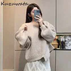 Kuzuwata Loose All-match Slash Neck Lantern Sleeve Jumper Pullover Lazy Elegant Casual Sweater Japan New Moda Patchwork Knitwear