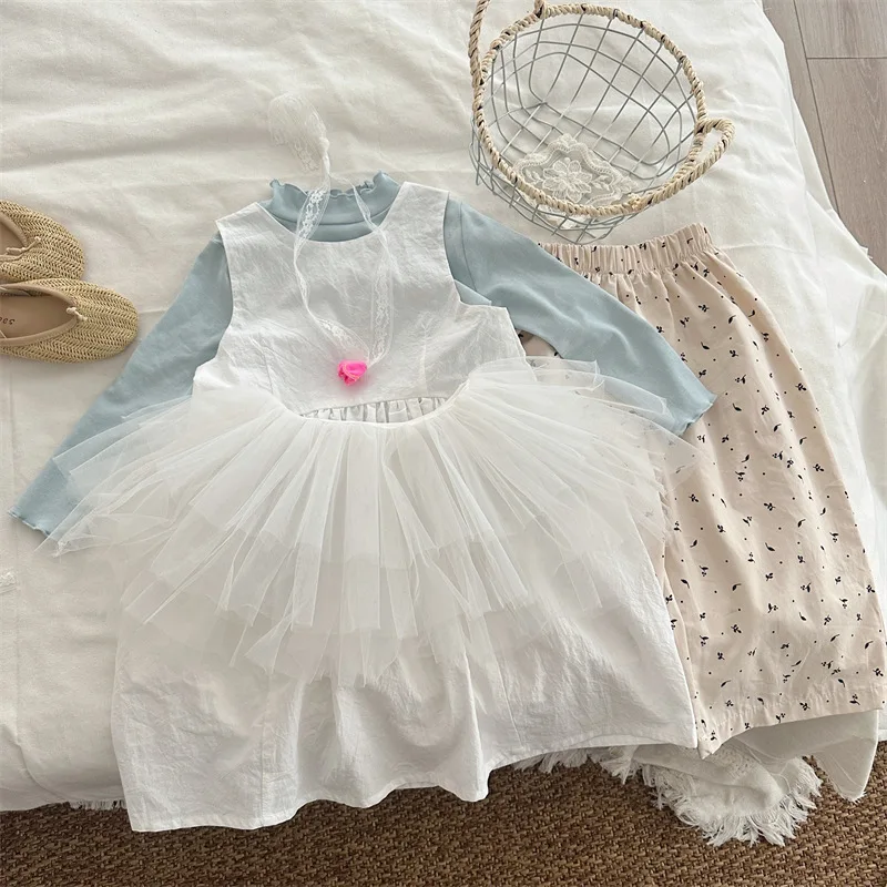 

Spring and Autumn New Girls' White Sleeveless Dress Children's Baby Layered Patchwork Long Dress Trendy
