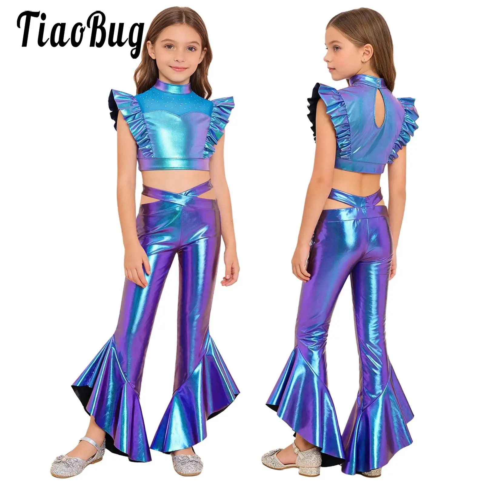 Kid Girls 70s Disco Jazz Tango Modern Performance Costume Outfit Sleeveless Mesh Crop Top And Flared Pants Cheerleader Dancewear