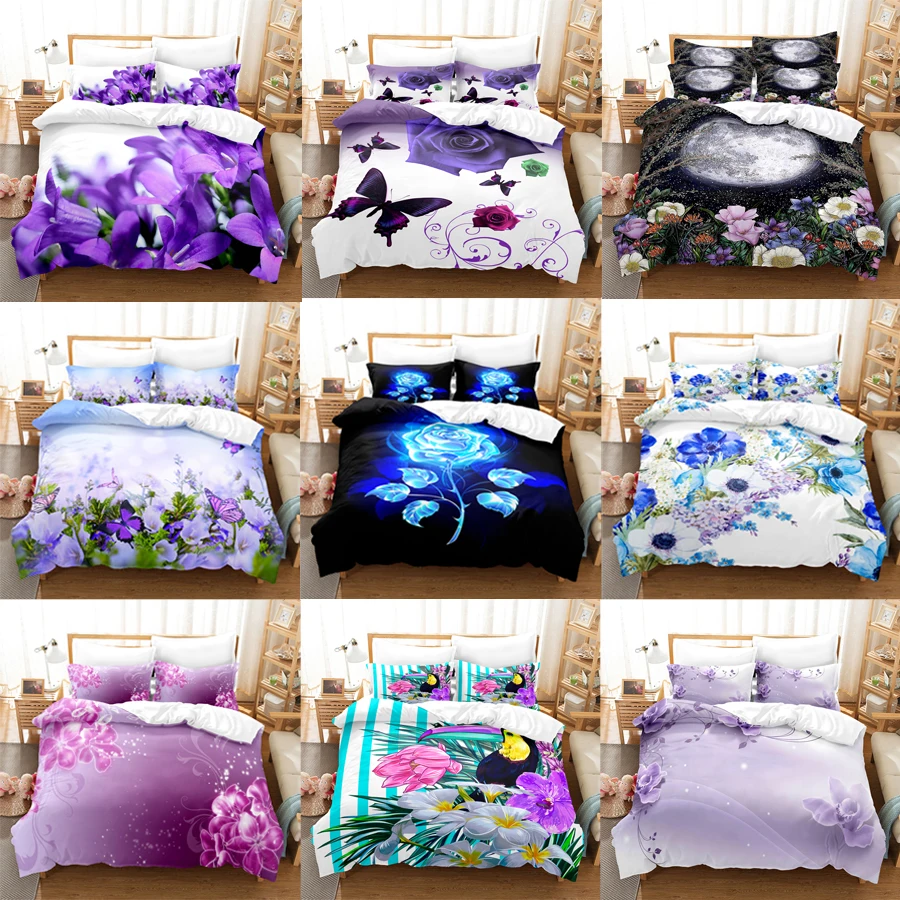 

Blue Flower Duvet Cover Queen Size With Zipper Pillowcase 3D Floral Bedding Set 3pcs 2pcs Full King Twin Single Double Bed Thin