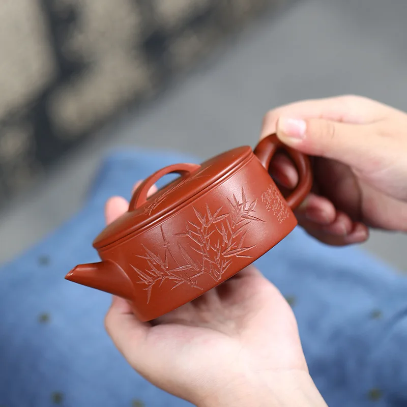 Yixing Authentic Purple Clay Chinese Style Pure Handmade Leaf Tea Set Bamboo Carved Han Tile Teapot 200Ml