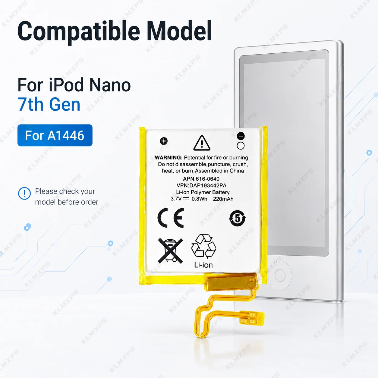 220mAh 3.7V Rechargeable Li-Polymer Battery for iPod Nano 7th Gen A1446 MP3 Player Internal Replacement Cell Repair Kit