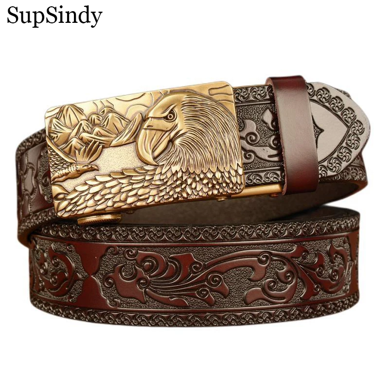 

SupSindy Men's Genuine Leather Belt Luxury Gold Eagle Metal Automatic Buckle Cowhide Belts for Men Jeans Waistband Male Strap