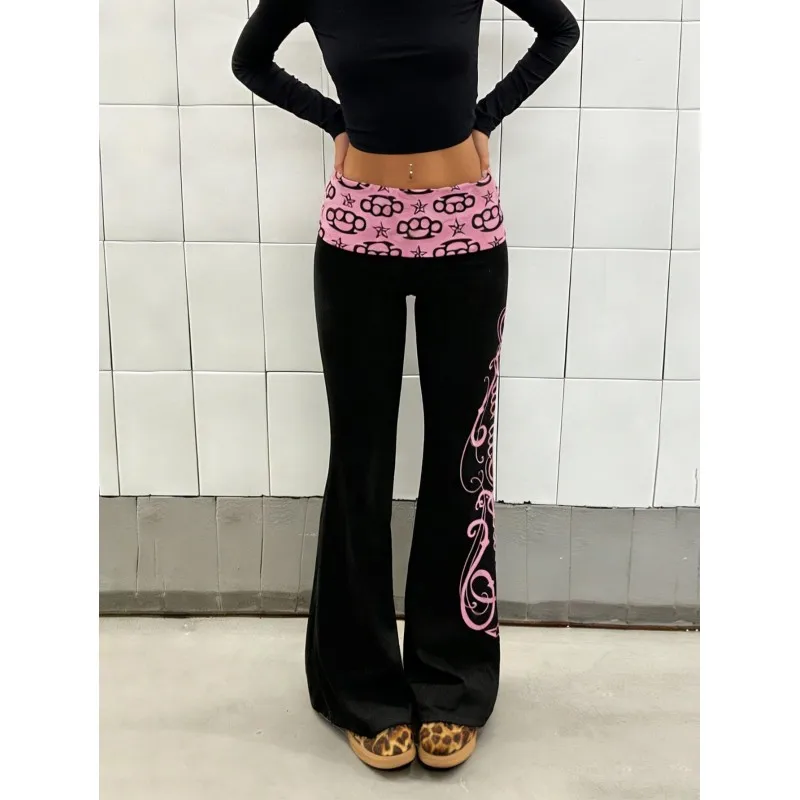 Retro Hot Girl Black Pink Contrast Low Waist Flared Pants Printed Slim Fit Bell Bottoms Millennium Style Streetwear Trousers