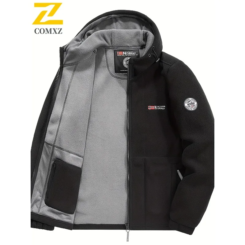 

Men Winter Fleece Jacket High-quality Hooded Outdoor Travel Thickened Warm Zip Up Coats Pure Color Snow Cold Protection Jackets