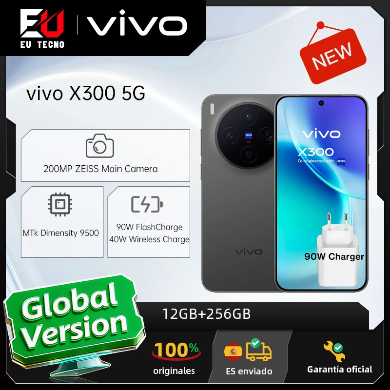 Smartphone vivo X300 5G, 12 Go + 256 Go, version UE, 6,31 pouces, MTK Dimensity 9500, appareil photo principal ZEISS 200 Mpx, IP69, Android 16, Wi-Fi 7, NFC