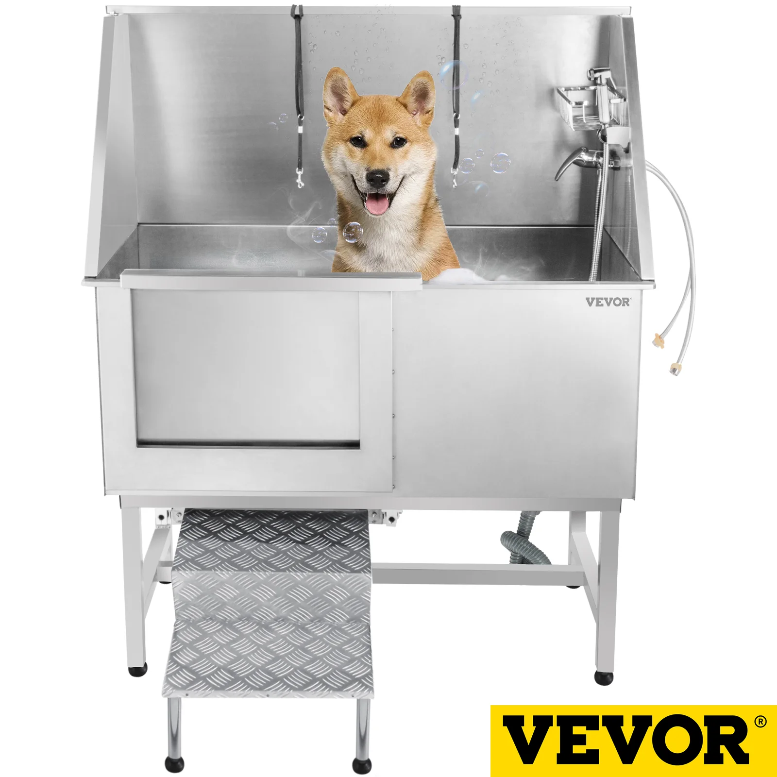 50 Inch Dog Grooming Tub Professional Stainless Steel Pet Dog Bath Tub With Steps Faucet & Accessories Dog Washing Station