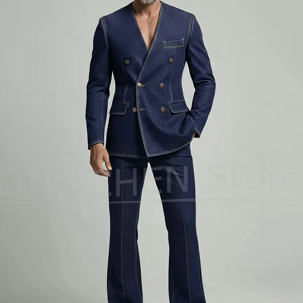 Men Denim Suit Double Breasted V Neck Wear 2 Piece Slim Fit Street Wedding Party Jacket with Pants Casual Daily Formal Outfit