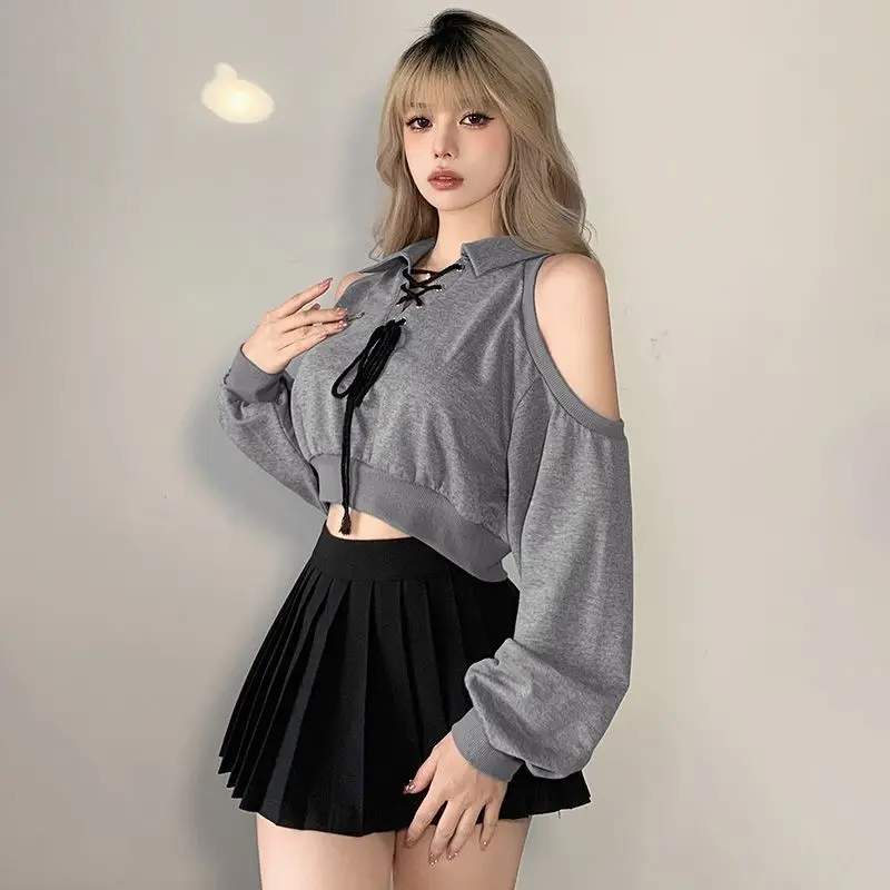 Y2K Hoodies Women Off Shoulder Cropped Tops Lace-up Harajuku Vintage Loose Sweatshirts Hotsweet Casual Stylish Female All-match