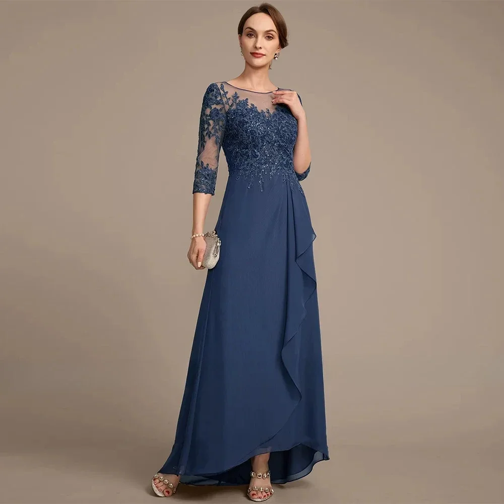 

Элегантное темно-синее платье для матери невесты по индивидуальному заказу с овальным вырезом и рукавами 3/4, расшитое блестками и аппликацией, оборками, свадебные платья русалки для гостей