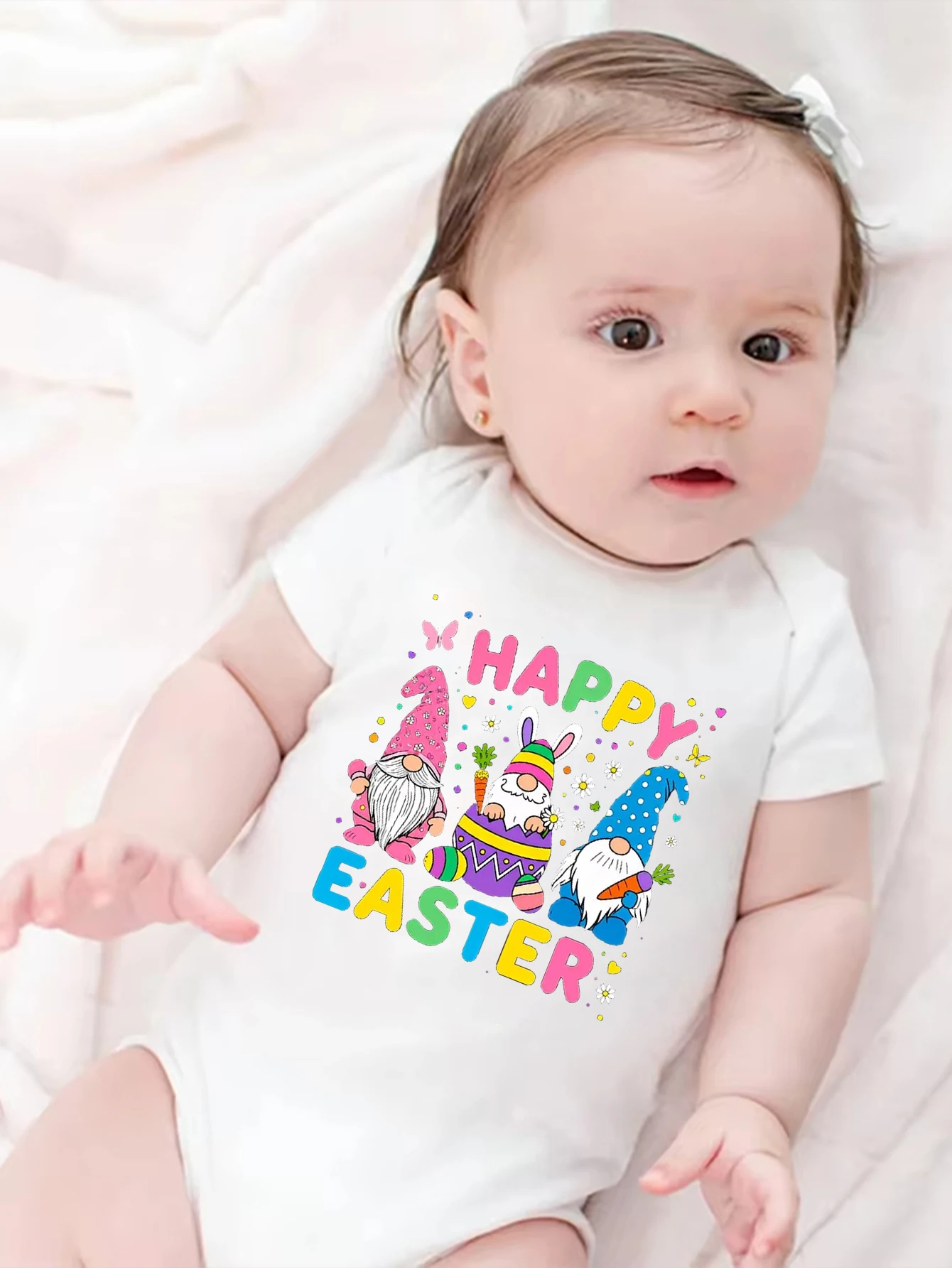 

Трикотажный комбинезон с принтом кролика и надписью "Happy Easter" для мальчиков и девочек, весна/лето, с короткими рукавами, для пасхальных вечеринок, детский