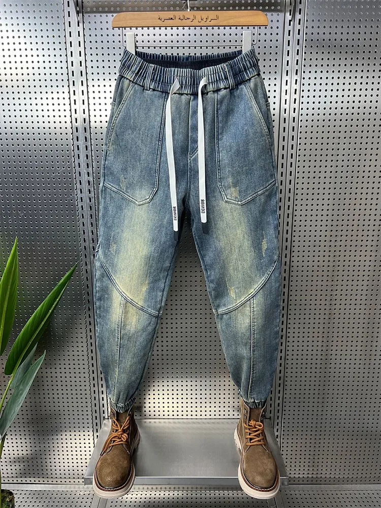 

Мужские джинсы Harlan с потертостями синего цвета, повседневные рваные джинсы с завязками на талии, свободный крой на осень-зиму...