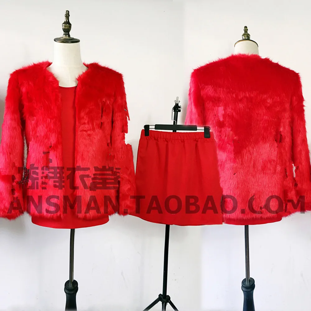 

New Nightclub Bar DJ Singer Red Letter Faux Fur Christmas New Year Party Set Fashion Men's Summer Leisure Performance Clothing