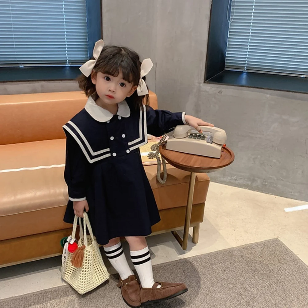 New Summer Spring Girls Dress British Style Solid Color Sailor Collar Dress Long-Sleeved Student School Dress Baby Kids Clothing