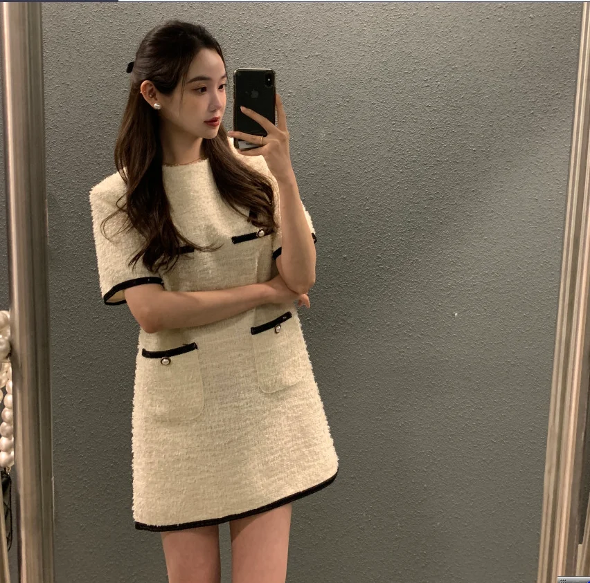 Spring Summer Fragrant Round Neck Contrast Colored Splicing Loose Casual Short Sleeved Thick Tweed Dress Women