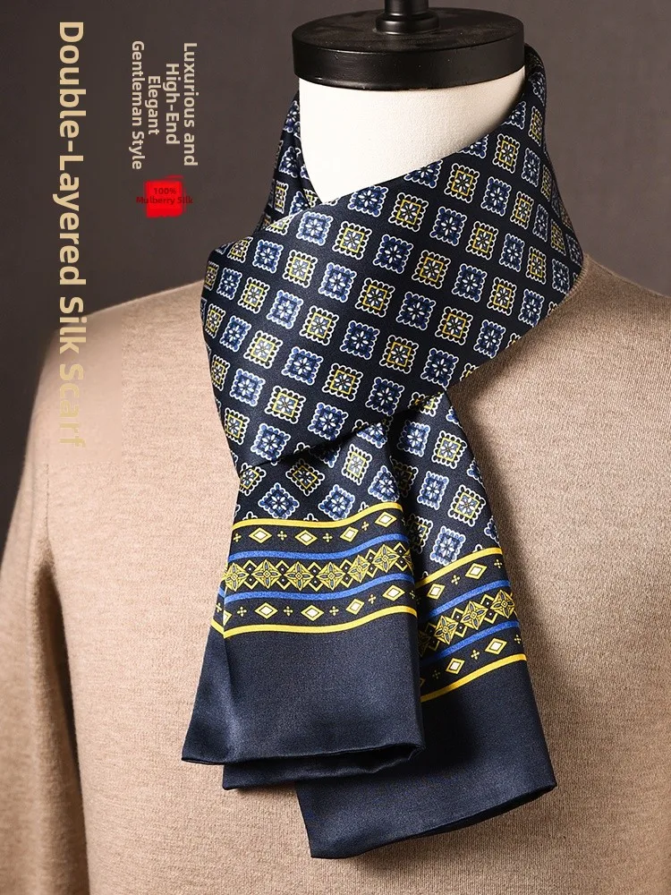 高級桑絹メンズスカーフ-長方形-ビジネス-彼氏へのギフトボックス-本物のシルクスカーフ-春秋冬用