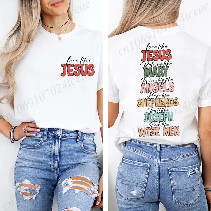 Front Back Print Religious Christmas T-shirt Love Like Jesus Faith Graphic Tee Bible Verse Xmas Holiday Short Sleeve Tee Gifts