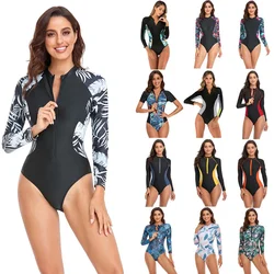 New Long Sleeve Printed One Piece Swimsuit Women Surfing Suit Wetsuit Fashion Bathing Swimming Suits Zipper Swimwear Woman