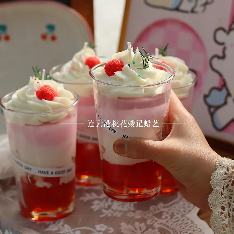 White Peach Oolong Scented Candle. Handmade Cheese Berry Simulation Drink Milk Tea Atmosphere Cup Wax