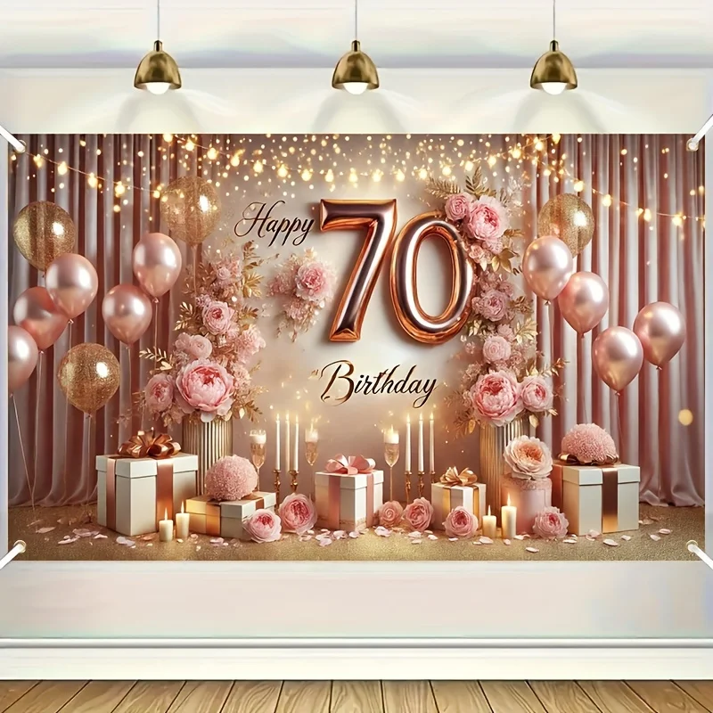 Eleganter Hintergrund für die 70. Geburtstagsparty – rosarotes und rosafarbenes Blumenmuster, mit Luftballons, Kerzen und Geschenkboxen