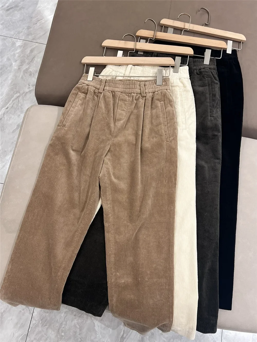 Pantalones largos de pana para mujer, Pantalón liso de cintura elástica, informal, Otoño e Invierno