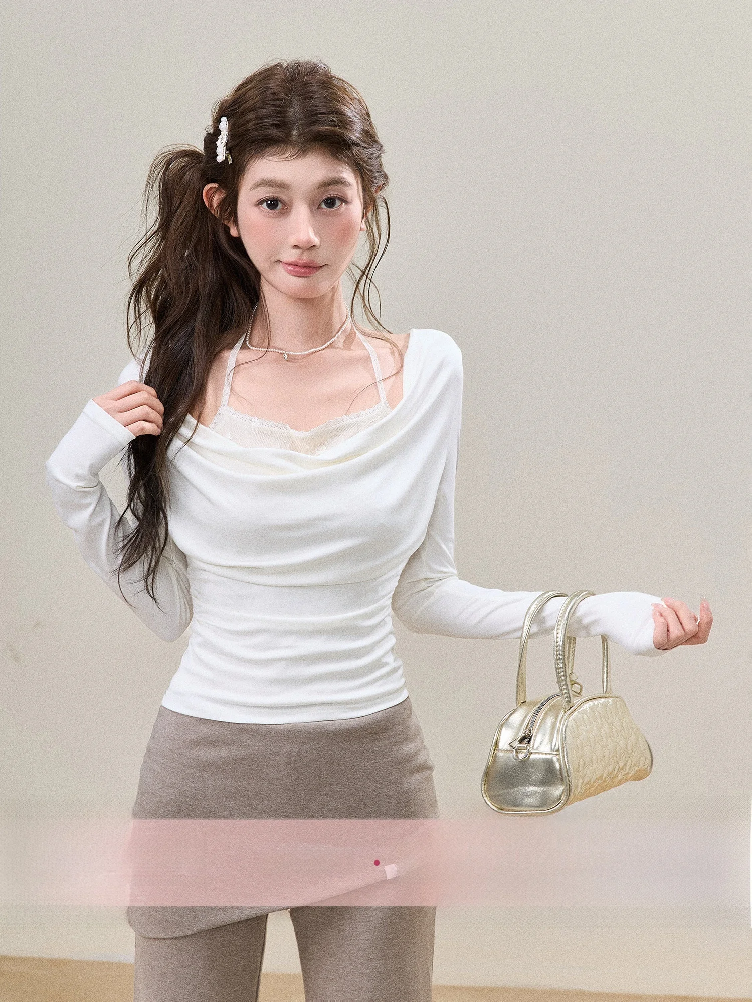 

BBT Sweety White Lace Trim Long Sleeve Women's T-shirt Casual Style Inner Wear Shoulder Baring Base Shirt Soft Comfortable