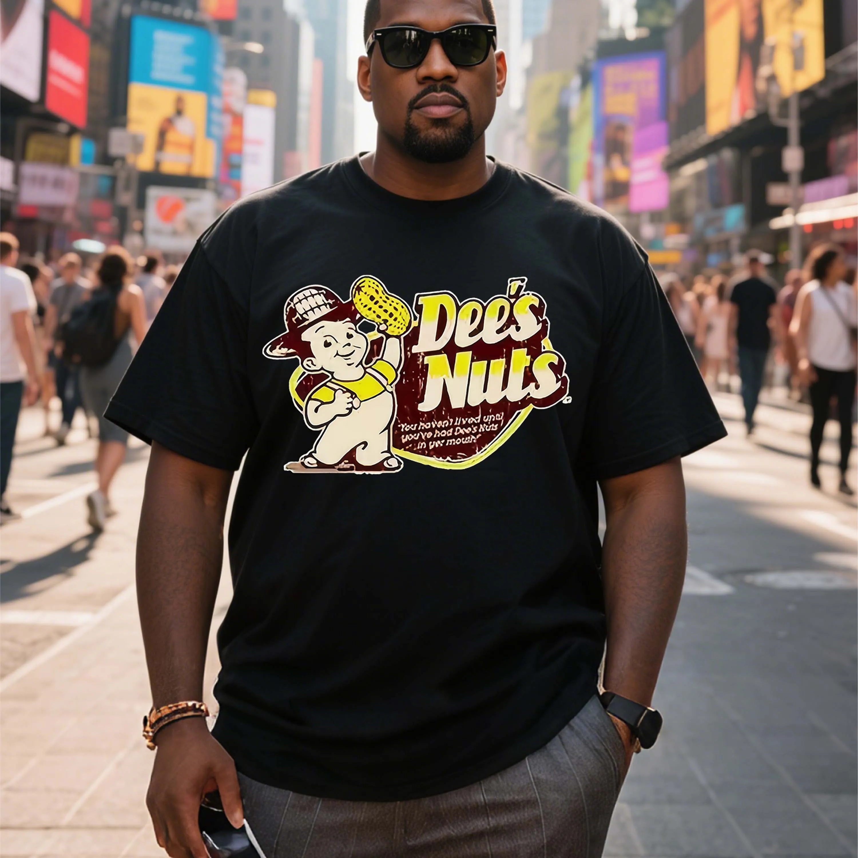 Plus Size Black Men's Short Sleeve T-Shirt with Cartoon Peanut Man Pattern Suitable for Outdoor Leisure Wear in Summer