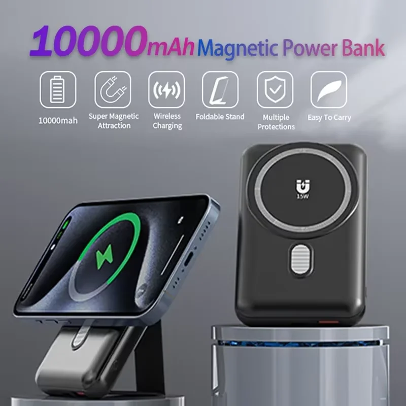 Hganus 10000mAh 2-in-1 15W Kabellose Magnetische Powerbank mit Telefonhalter Schnellladung Externe Batterie Mag Powerbank Sicher für Telefon Xiaomi