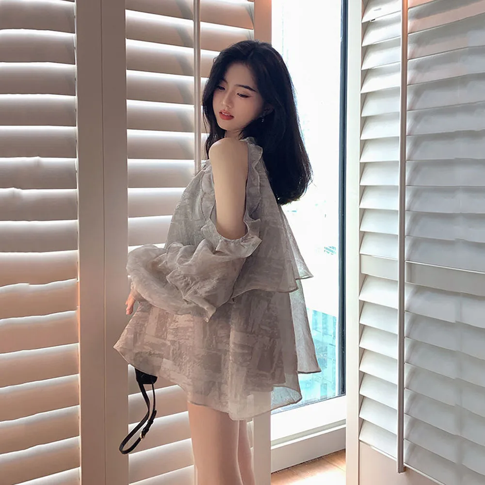 2023 Summer Hollow Loose Halter Blouses Korean Elegant Ladies Tops Shoulderless Chiffon Solid Ruffle Shirts Puff Sleeves Blusas