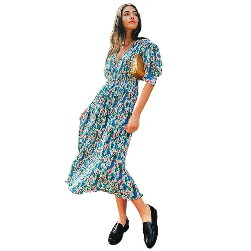 

Korean Style New Chic Women's Dress Summer Chiffon Sweet Blue Floral Print Dress Lightweight V-Neck Puff Sleeve Vintage Vestidos