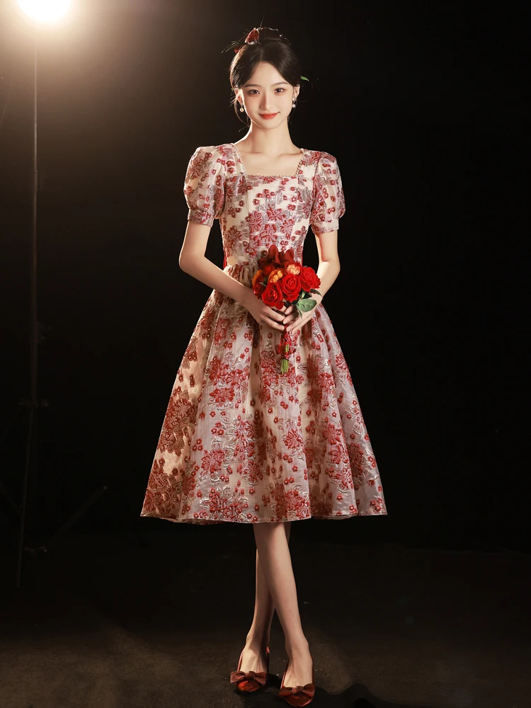 

Red Wedding Dress Elegant Evening Gown Engagement Party Women's Fashion Short Sleeve Midi Skirt Ball Gown Princess Style