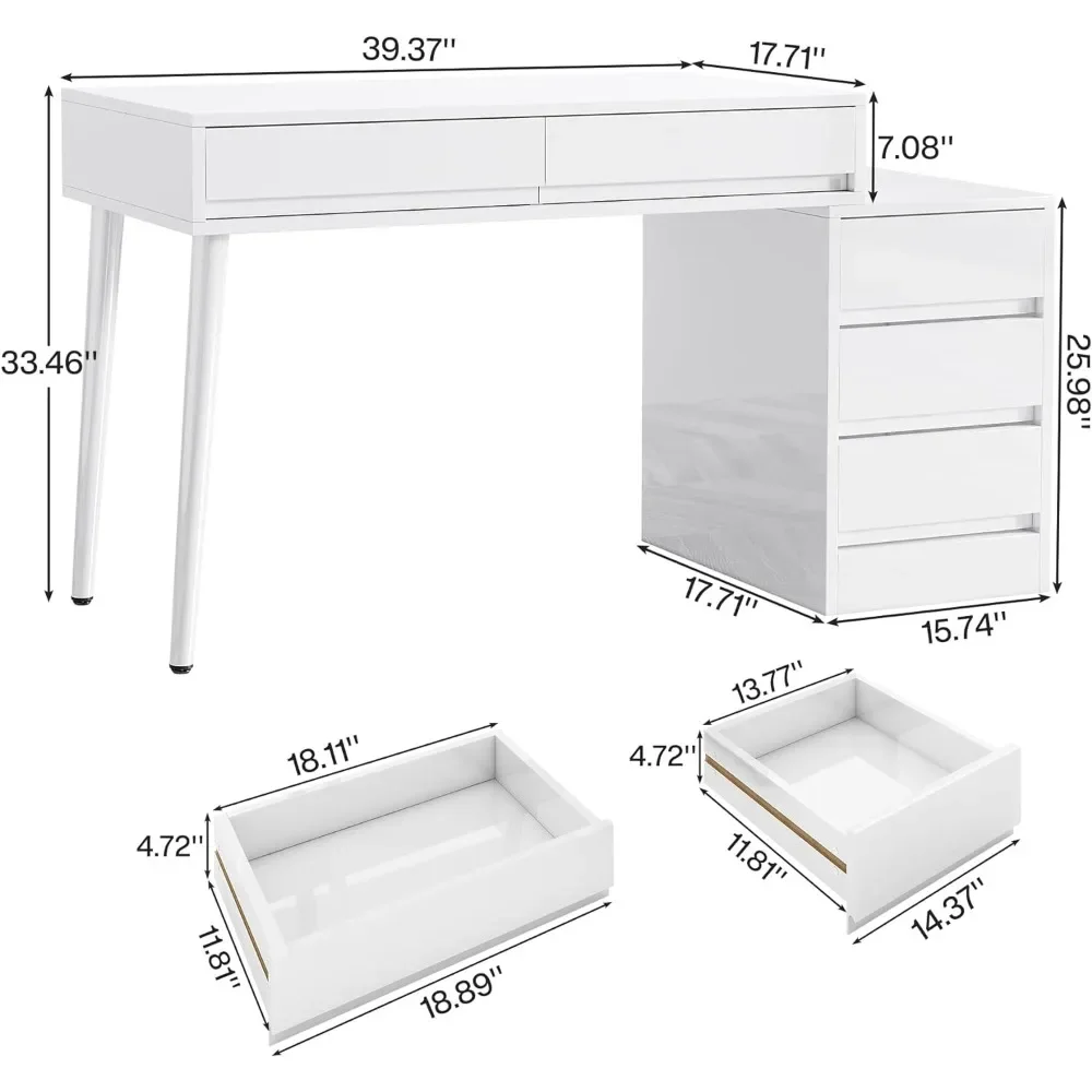 High Glossy White Dressing Table with Reversible Drawer Cabinet Printer Stand, Modern Computer Desk Home Office Desk