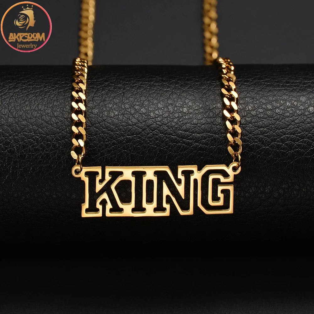 

Akizoom Custom Name Necklace Hollow Nameplate Pendant Stainless Steel Cuban Thick Chain Jewelry for Women Customized Gift