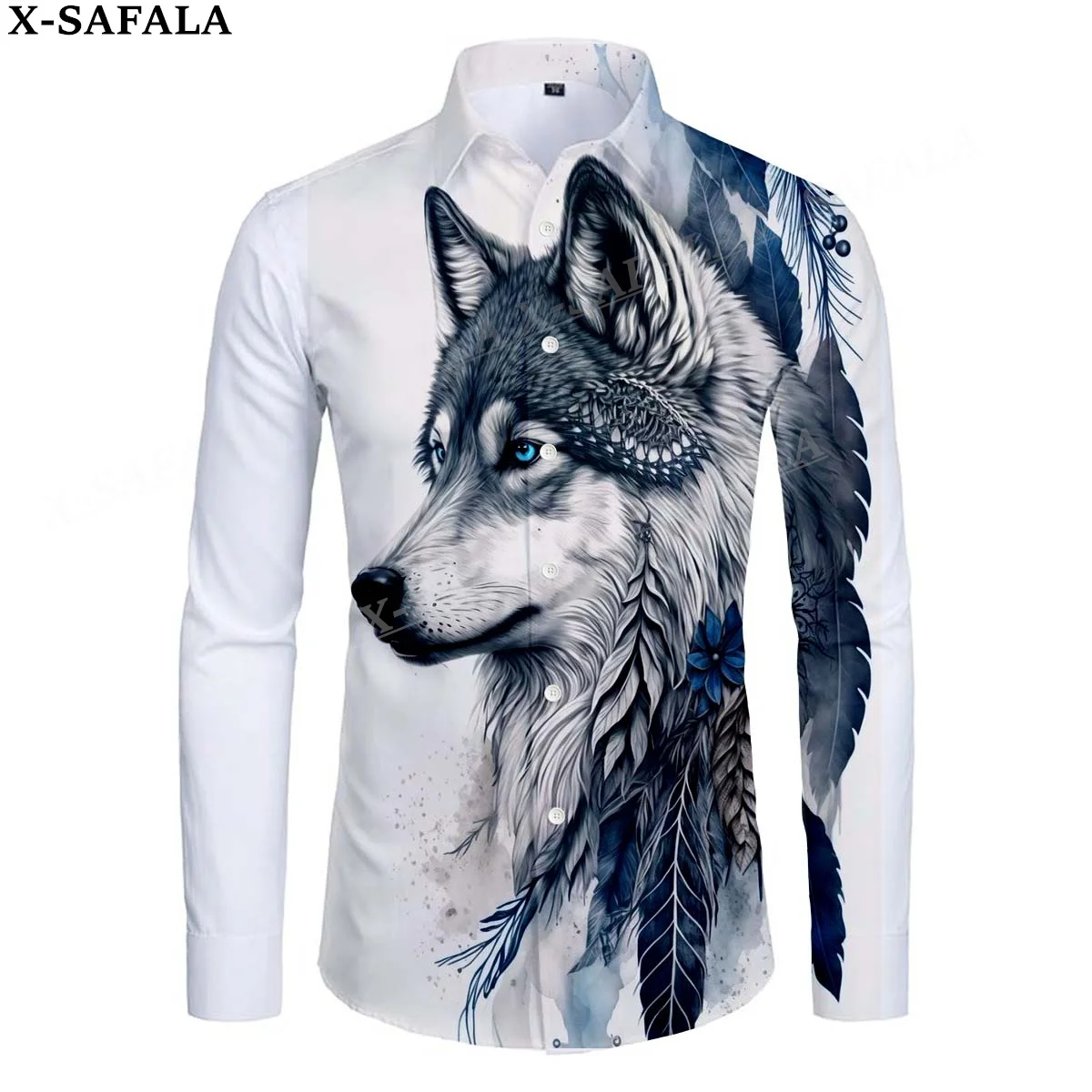 Native Dark  Wolf Moon Dream Catcher 3D Print Men's Luxury Shirt Turn-down Collar Buttoned Up Long Sleeve Tops Hip Hop Tee-7