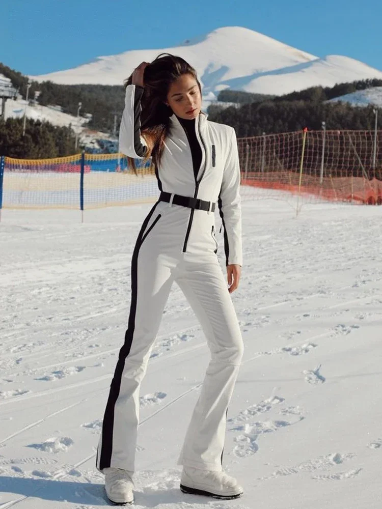 Jumpsuit Ski tambal sulam untuk wanita, Jumpsuit Skateboard elegan 2023 keseluruhan Ski tahan angin tahan air lengan panjang untuk wanita