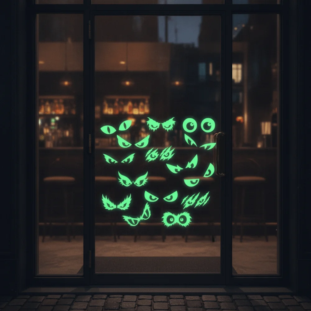 2 Sheet Fluorescent Halloween Luminous Wall Sticker PVC Green Light Window Sticker Ghost Pumpkin Eye Pattern