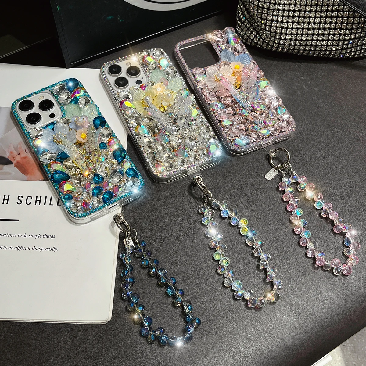 Diamond Glitter Butterfly Strap Phone Case For iPhone 16 15 13 14 11 Pro Plus Samsung Galaxy S24 S22 S25 S23 FE Ultra Note 20