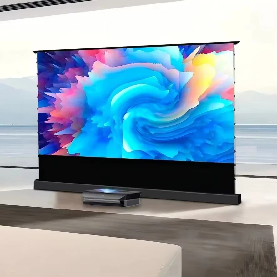 2025 100” T-Prism Video 4K Projector Screen Ultra Short Throw Floor Rising Motorized Projection Curtain Ambient Light Rejecting