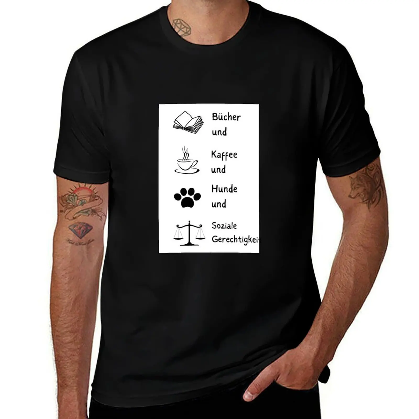 „Bücher und Kaffee und Hunde und soziale Gerechtigkeit Minimalistisches Design T-Shirt blaue Archivkleidung für Männer